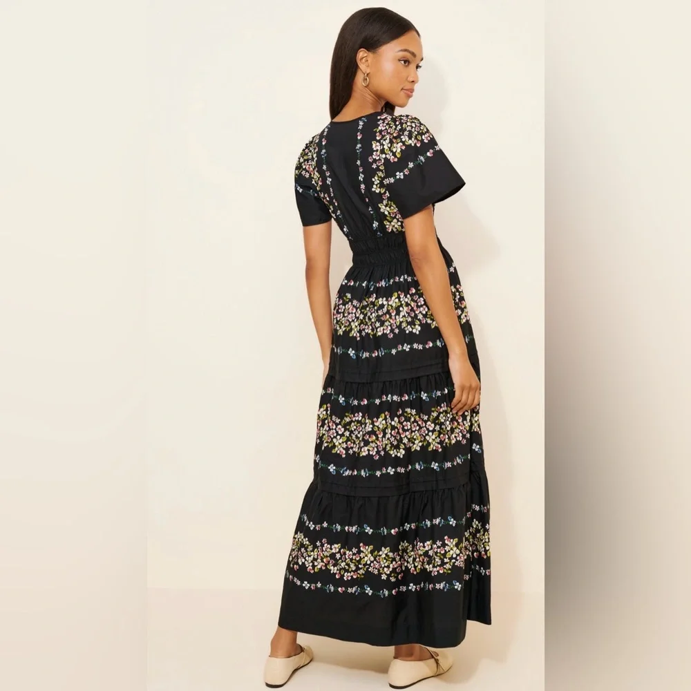 Anthropologie Somerset Maxi Dress Black Floral 100% Cotton Smocked Waist Size M - Picture 2 of 7